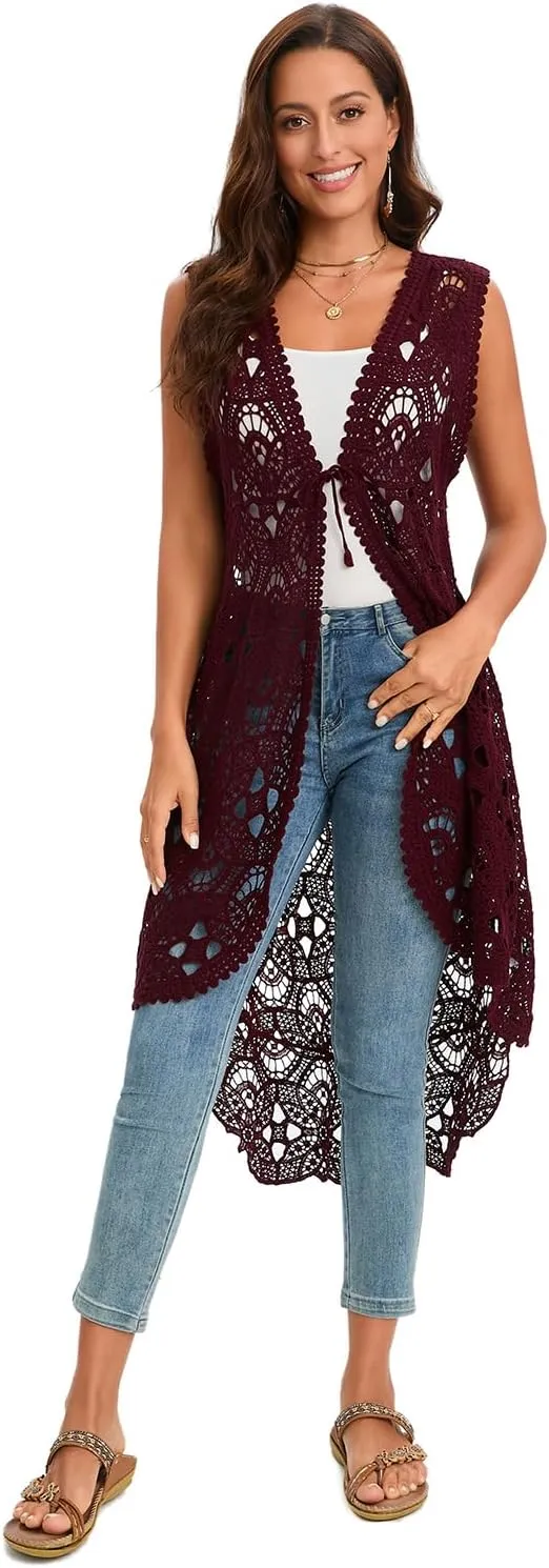 GLEAMISS Women's Crochet Long Vest Sleeveless Lace Cardigan Hollow Out Kimino Cover Up