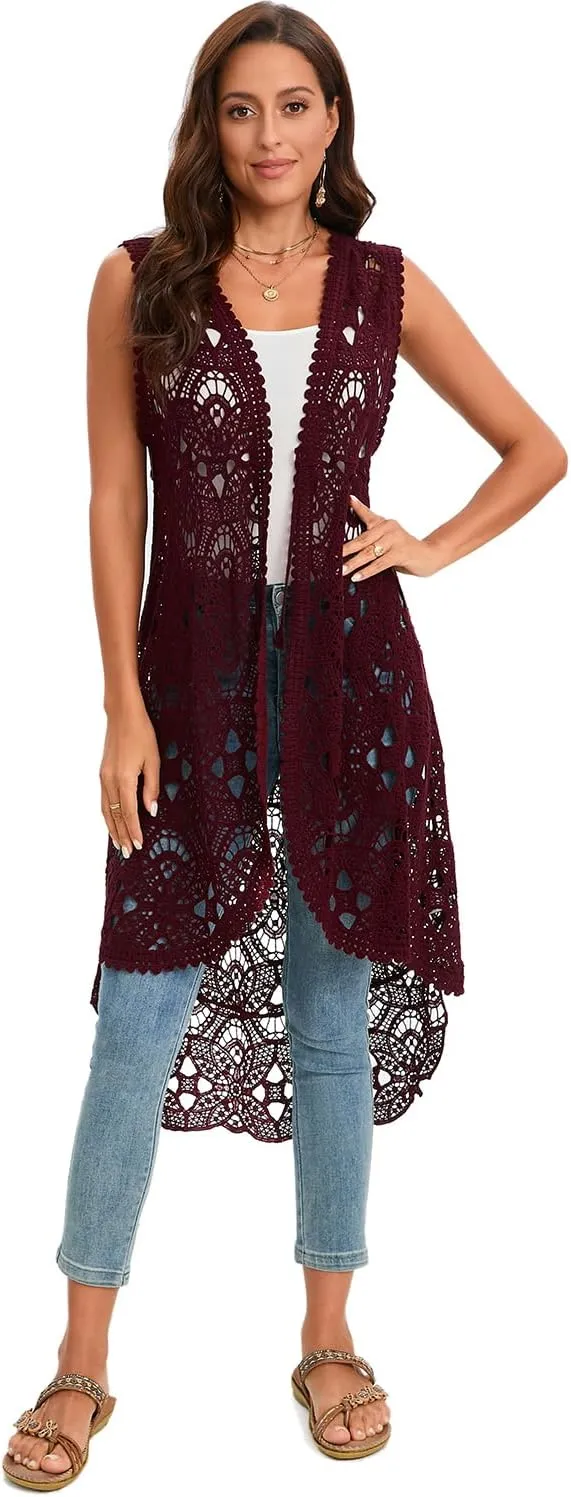 GLEAMISS Women's Crochet Long Vest Sleeveless Lace Cardigan Hollow Out Kimino Cover Up