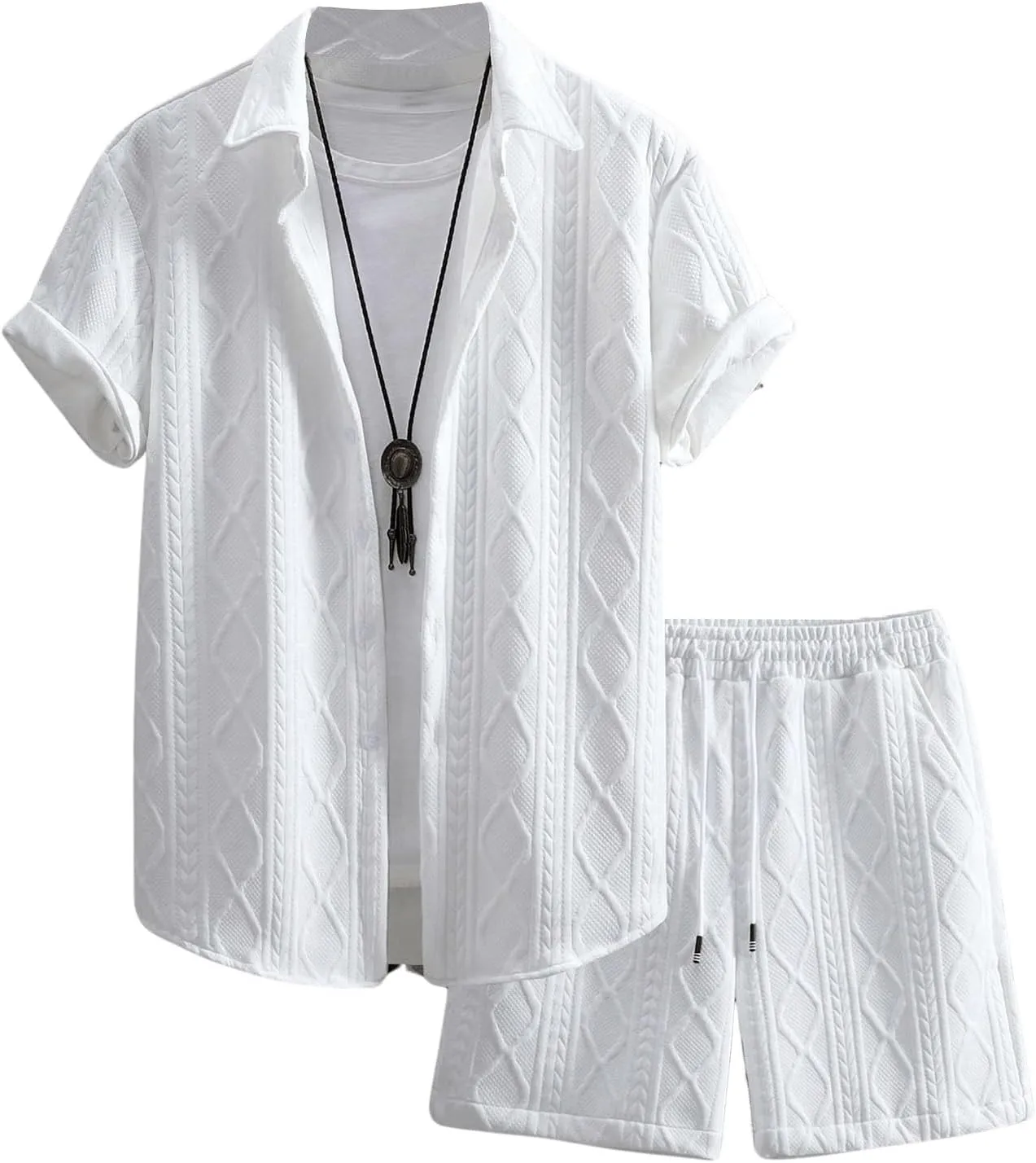 GORGLITTER Men's 2 Piece Outfits Waffle Knit Button Down Shirt Top and Shorts Set