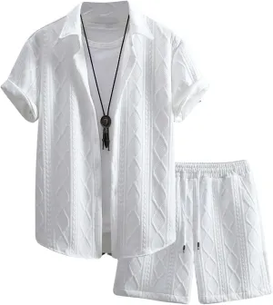 GORGLITTER Men's 2 Piece Outfits Waffle Knit Button Down Shirt Top and Shorts Set