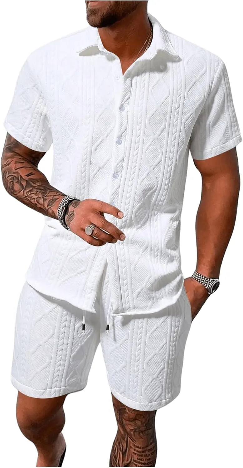 GORGLITTER Men's 2 Piece Outfits Waffle Knit Button Down Shirt Top and Shorts Set