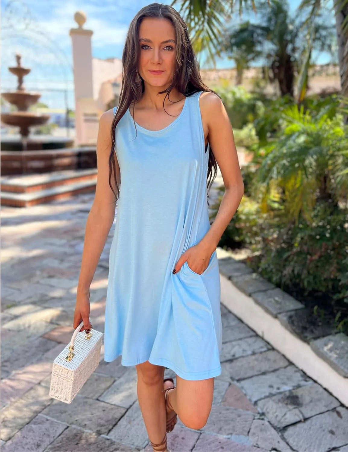 Halife Womens Summer Dresses Casual Sleeveless Tshirt Sundresses Vacation Beach Cover Up Dress with Pockets