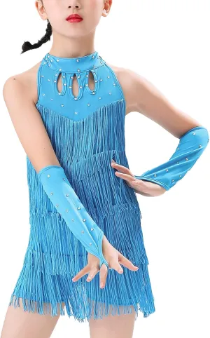 Happy Cherry Girls Latin Short Bodysuit Dress Sleeveless Tassels Dancewear Samba Rumba Jazz Cha Cha Dance Costume 3-14Y