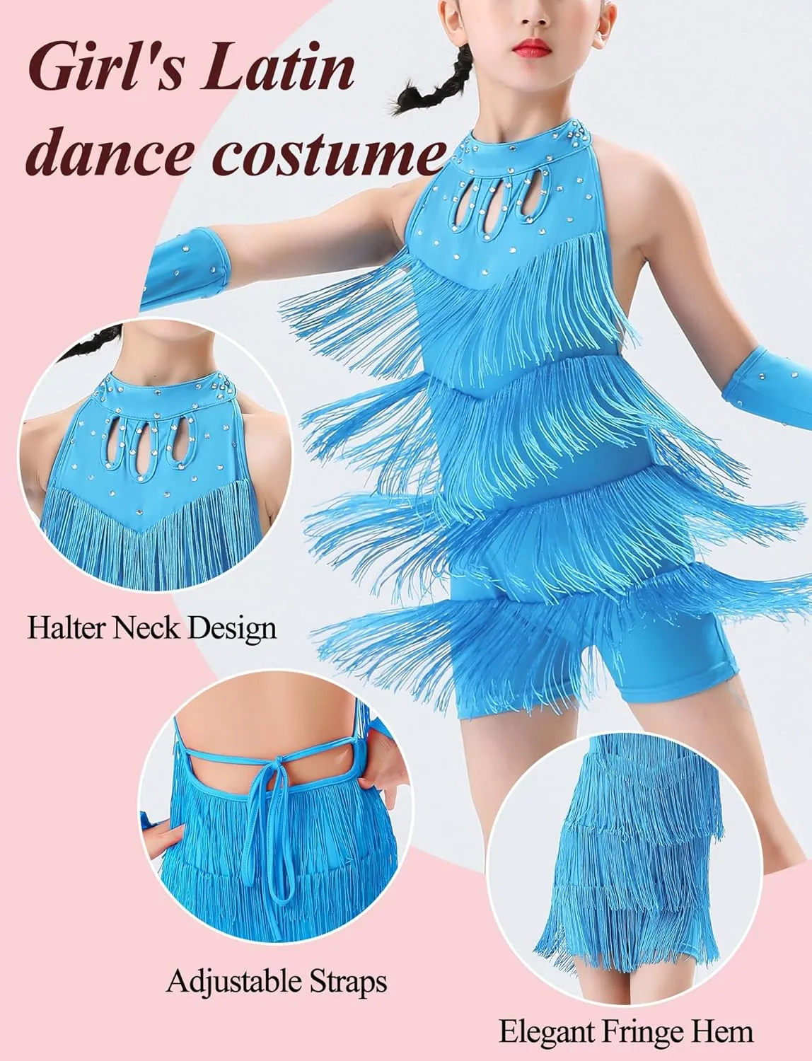 Happy Cherry Girls Latin Short Bodysuit Dress Sleeveless Tassels Dancewear Samba Rumba Jazz Cha Cha Dance Costume 3-14Y