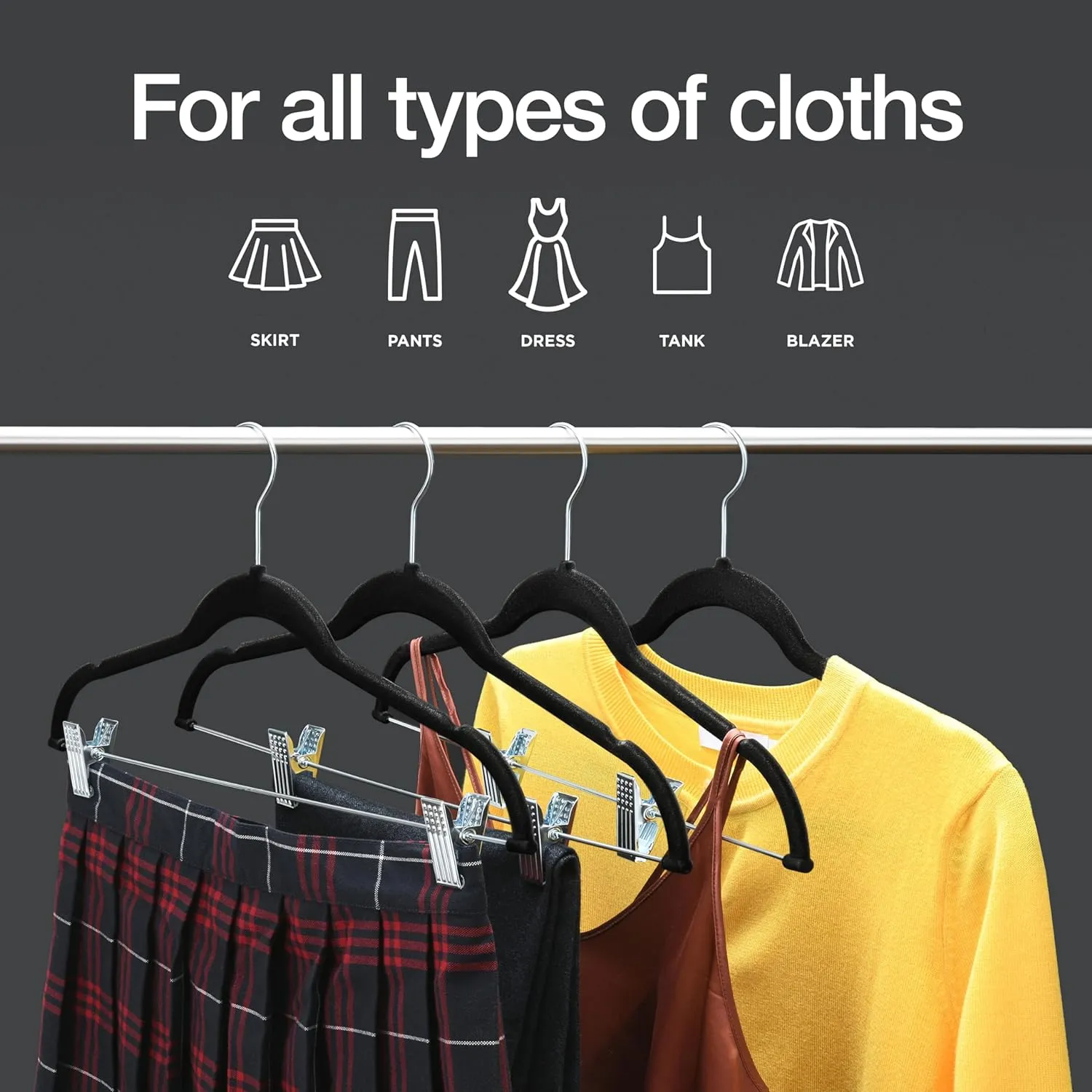 Home-it Pants Hangers With Clips 10 Pack - Black Velvet Non Slip Space-Saving for Pants, Skirts, Coats, Dresses, Tank Tops, Clothes - Felt Ultra Thin