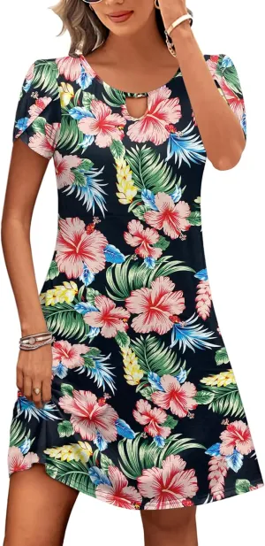 HOTOUCH Women's Casual A-Line Dress with Pockets Summer Beach Floral Tshirt Dress Short Sleeve Mini Dress Flowy Sundresses