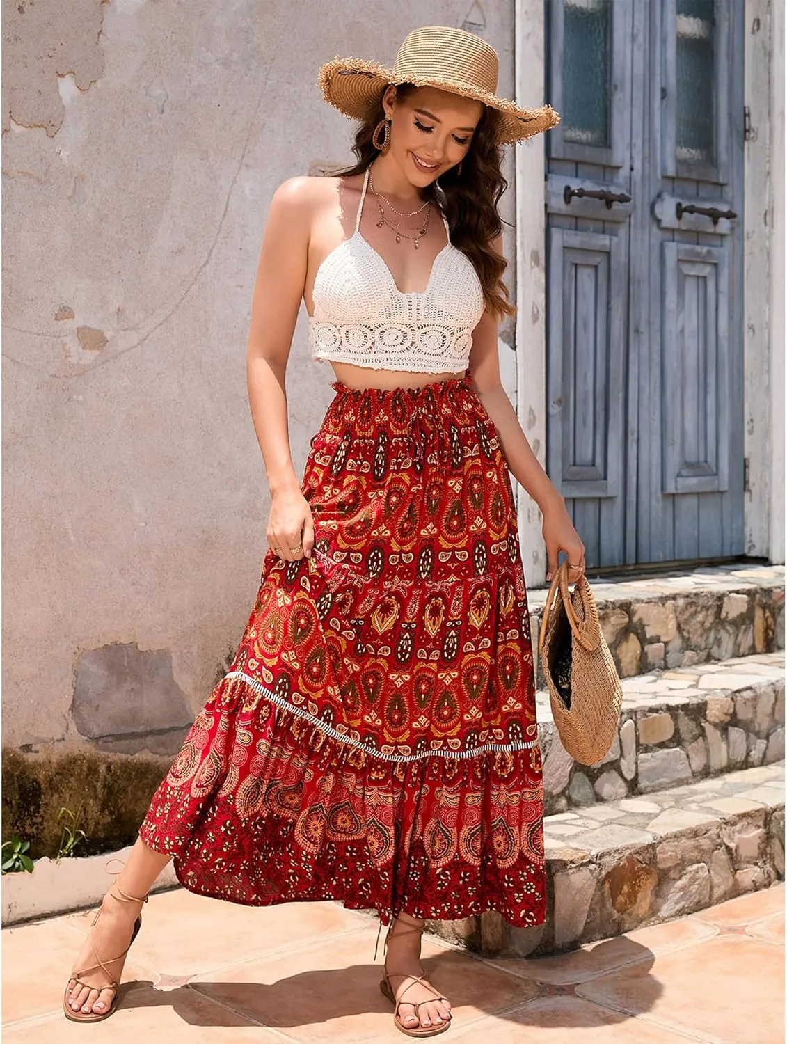 Long Skirts for Women High Waist Pleated A-Line Floral Maxi Skirts Summer Swing Cover-up