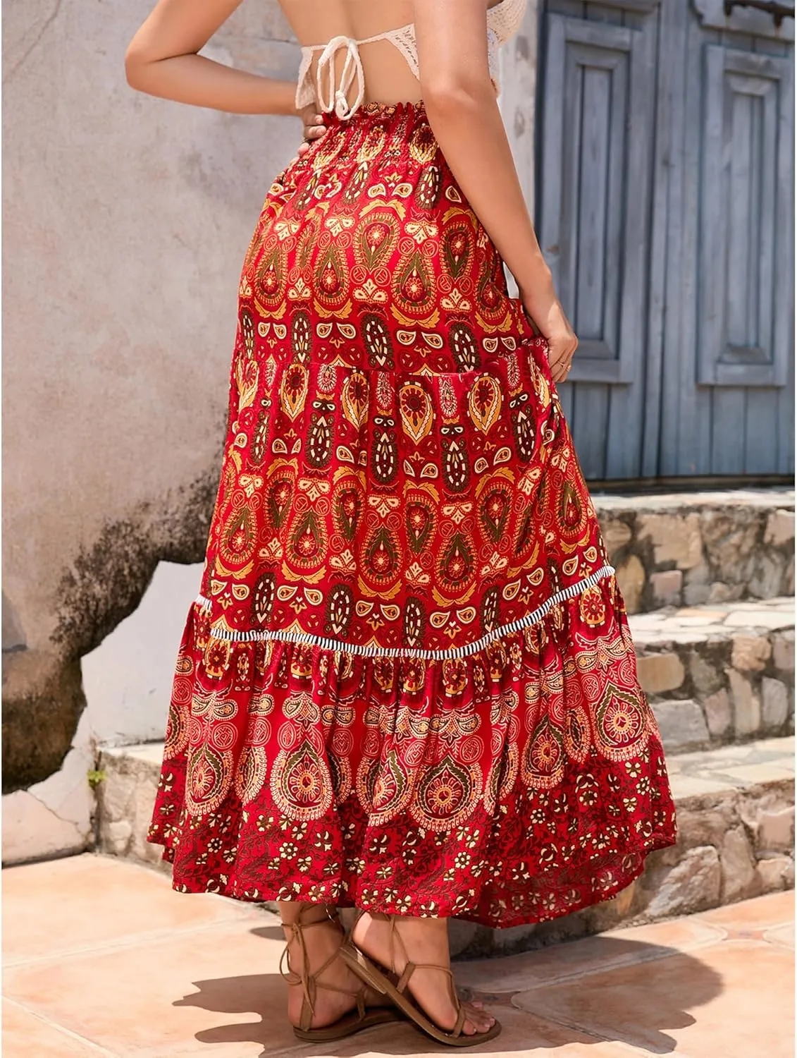 Long Skirts for Women High Waist Pleated A-Line Floral Maxi Skirts Summer Swing Cover-up