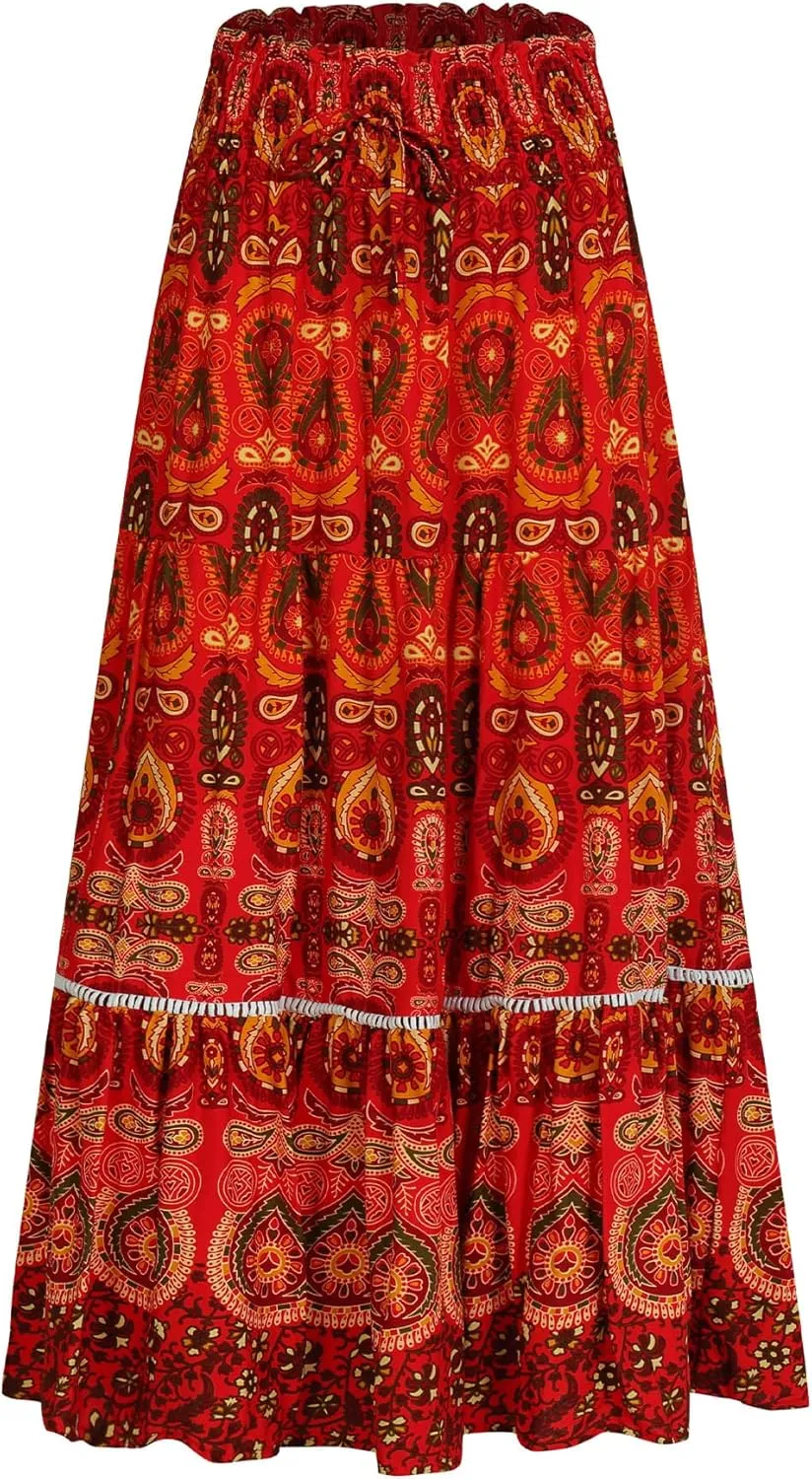 Long Skirts for Women High Waist Pleated A-Line Floral Maxi Skirts Summer Swing Cover-up