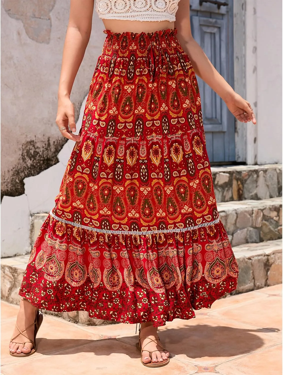 Long Skirts for Women High Waist Pleated A-Line Floral Maxi Skirts Summer Swing Cover-up