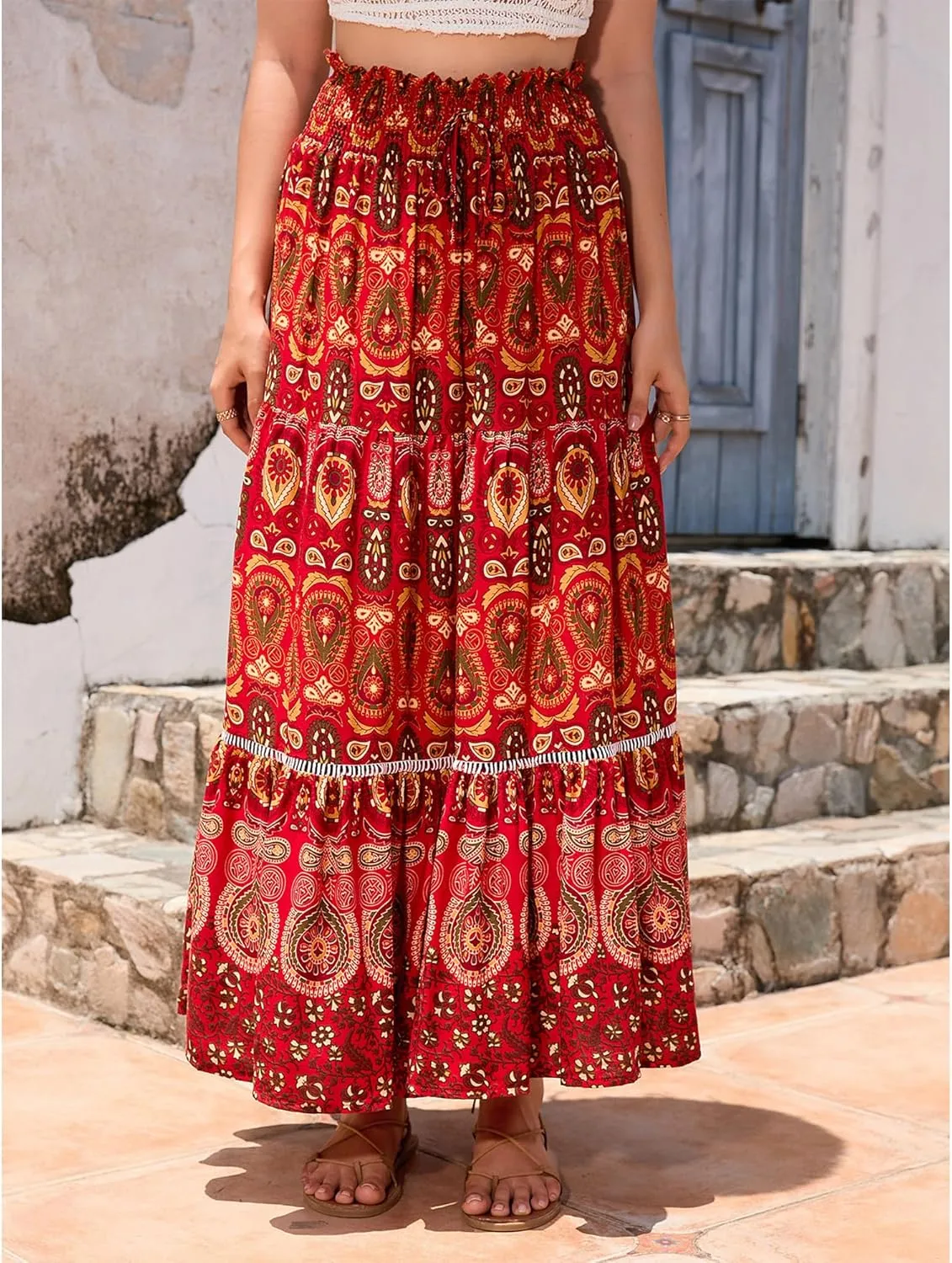 Long Skirts for Women High Waist Pleated A-Line Floral Maxi Skirts Summer Swing Cover-up