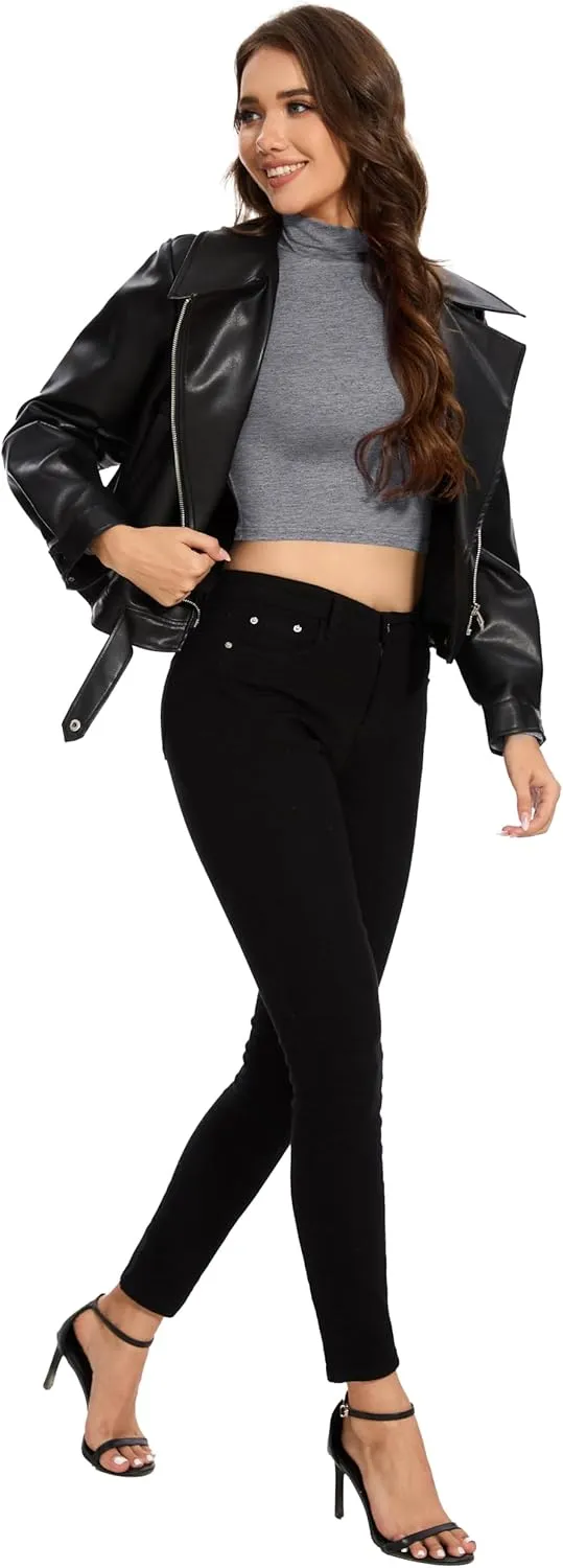 MadHeart Womens Long Sleeve Crop Tops Slim Fit Cropped Mock Neck Base Layer Shirts
