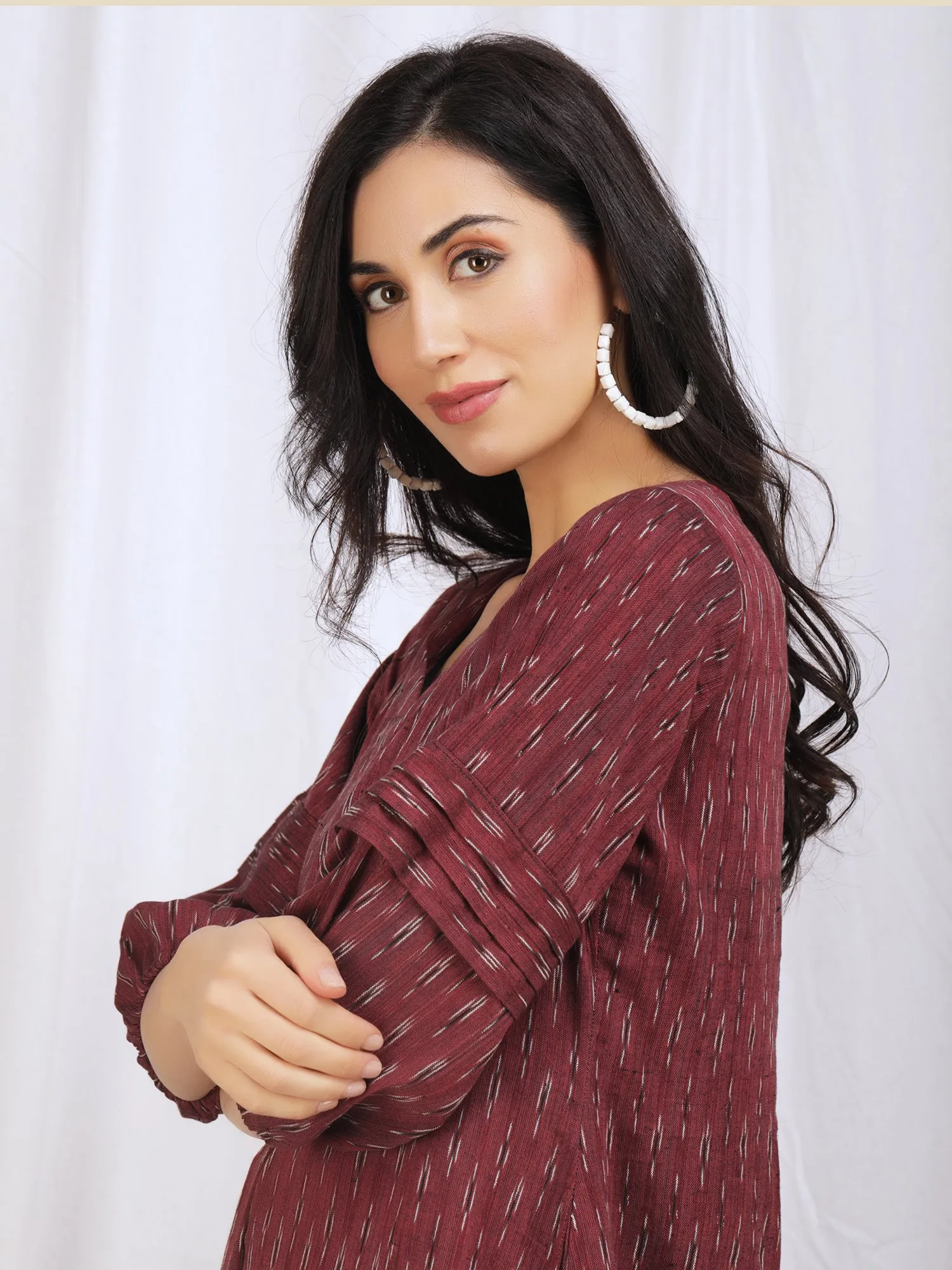 Maroon Ikat Cotton 'Amara' Midi Dress
