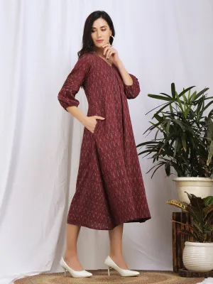 Maroon Ikat Cotton 'Amara' Midi Dress