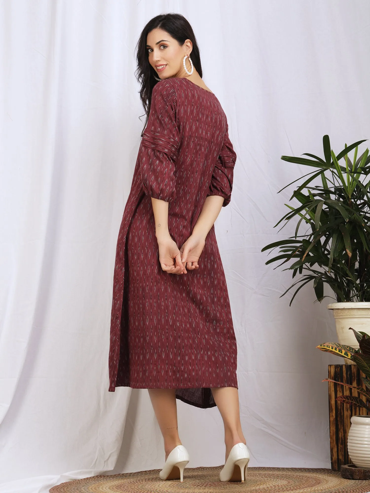 Maroon Ikat Cotton 'Amara' Midi Dress