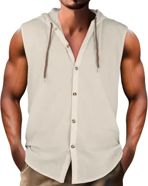 Men's Cotton Linen Workout Tank Tops Button Down Lapel Sleeveless Gym Muscle T Shirts Casual Breathable Summer Tanks