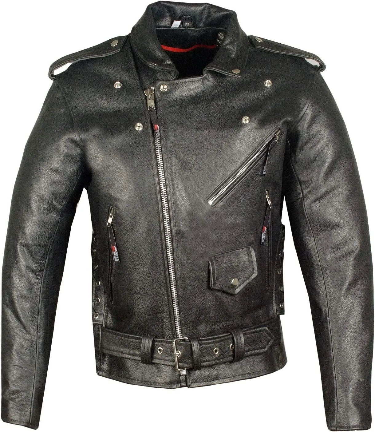 Men's ICONIC Brando Leather Motorcycle Jacket Premium Real Natural Buffalo Biker Jacket - Side Laces Concealed Carry Pockets, All-Season Leather Motorcycle Jacket for Men Black L
