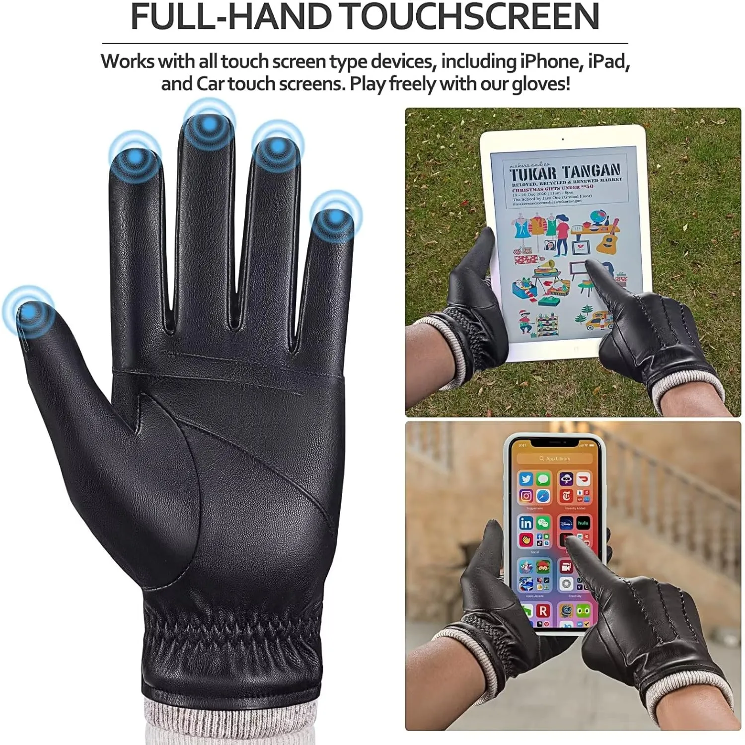 Mens Leather Gloves Touchscreen Texting, Winter Gloves Men Warm Thermal Wool Fleece Lined, Driving Gloves Anti-slip