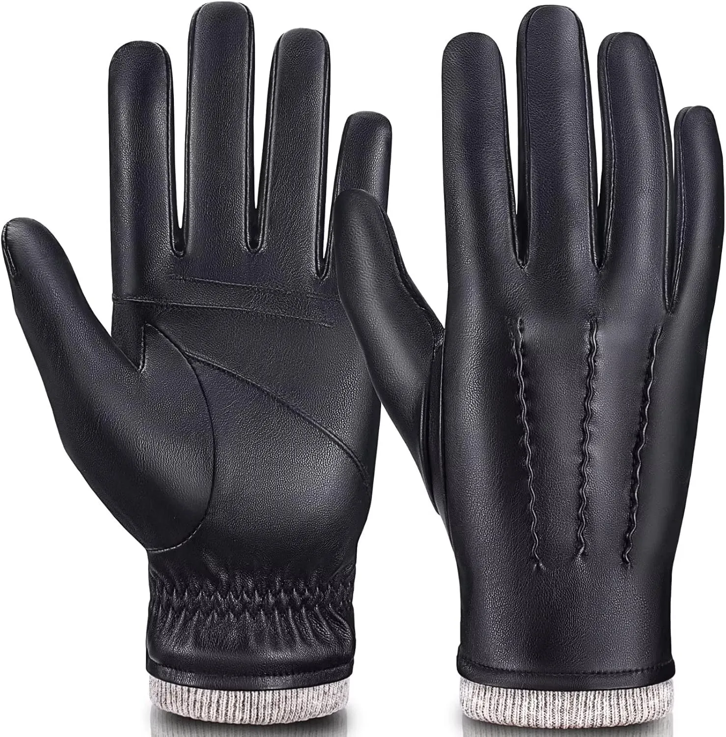 Mens Leather Gloves Touchscreen Texting, Winter Gloves Men Warm Thermal Wool Fleece Lined, Driving Gloves Anti-slip