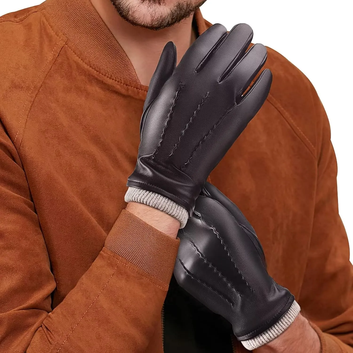 Mens Leather Gloves Touchscreen Texting, Winter Gloves Men Warm Thermal Wool Fleece Lined, Driving Gloves Anti-slip