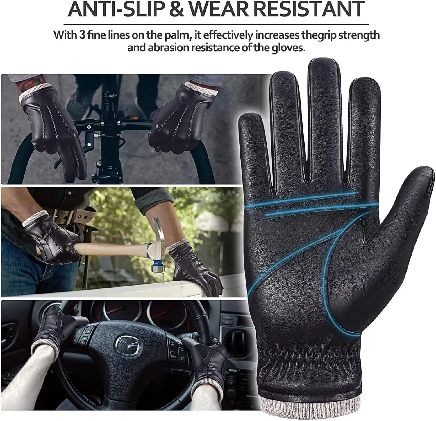 Mens Leather Gloves Touchscreen Texting, Winter Gloves Men Warm Thermal Wool Fleece Lined, Driving Gloves Anti-slip