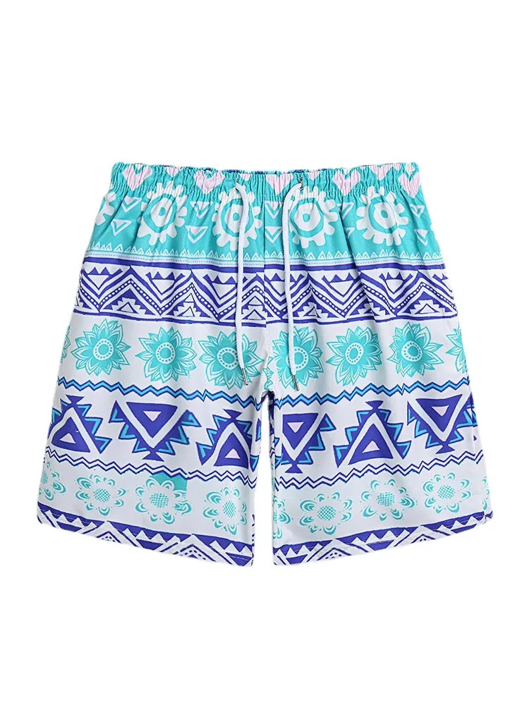 Men's Quick Dry Floral & Geometric Print Board Shorts with Mesh Lining
