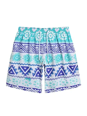 Men's Quick Dry Floral & Geometric Print Board Shorts with Mesh Lining