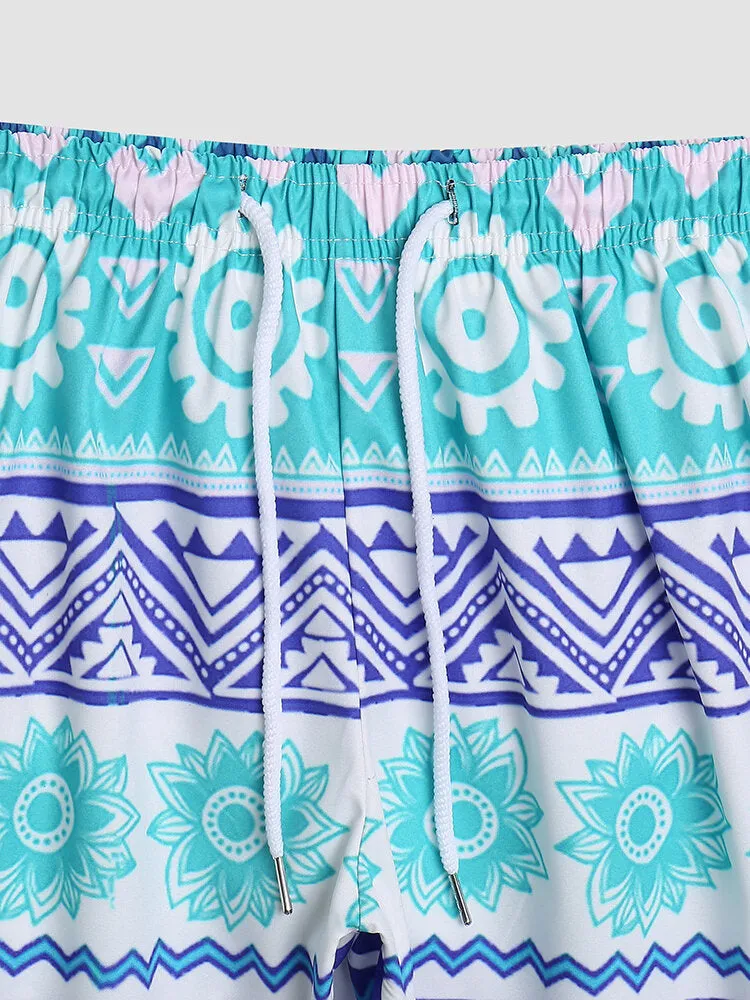 Men's Quick Dry Floral & Geometric Print Board Shorts with Mesh Lining