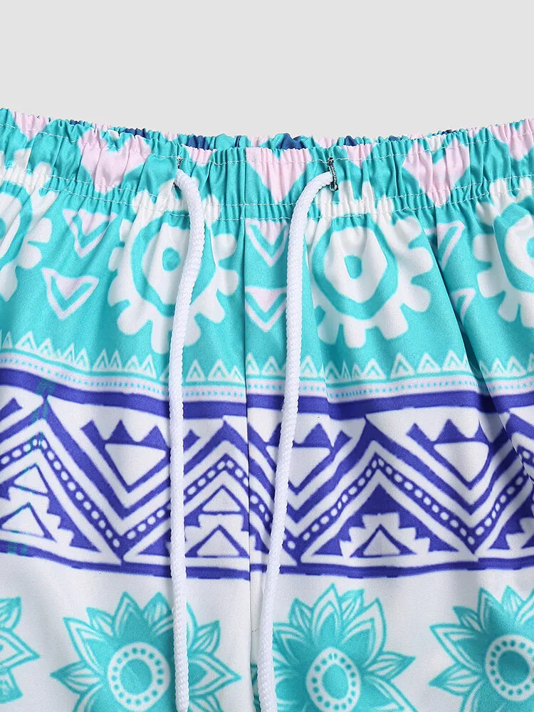 Men's Quick Dry Floral & Geometric Print Board Shorts with Mesh Lining