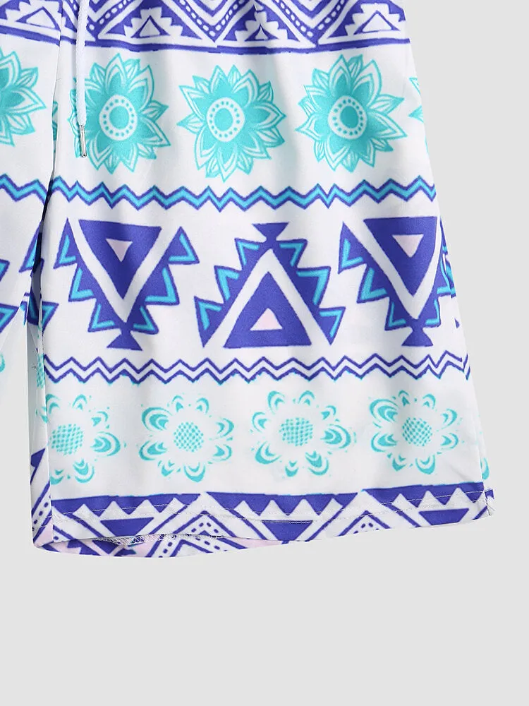 Men's Quick Dry Floral & Geometric Print Board Shorts with Mesh Lining