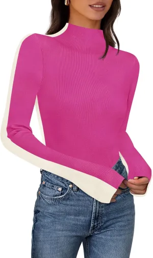 MEROKEETY Women's 2025 Fall Mock Neck Lightweight Pullover Sweater Fitted Ribbed Long Sleeve Color Block Knit Tee Shirt Tops