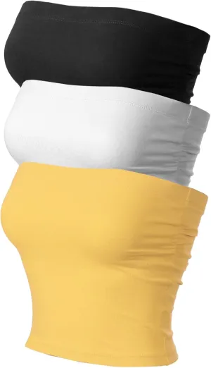 MixMatchy Women's 3 Pack Casual Summer Ruched Side Backless Double Layered Tube Top with Built in Shelf Bra