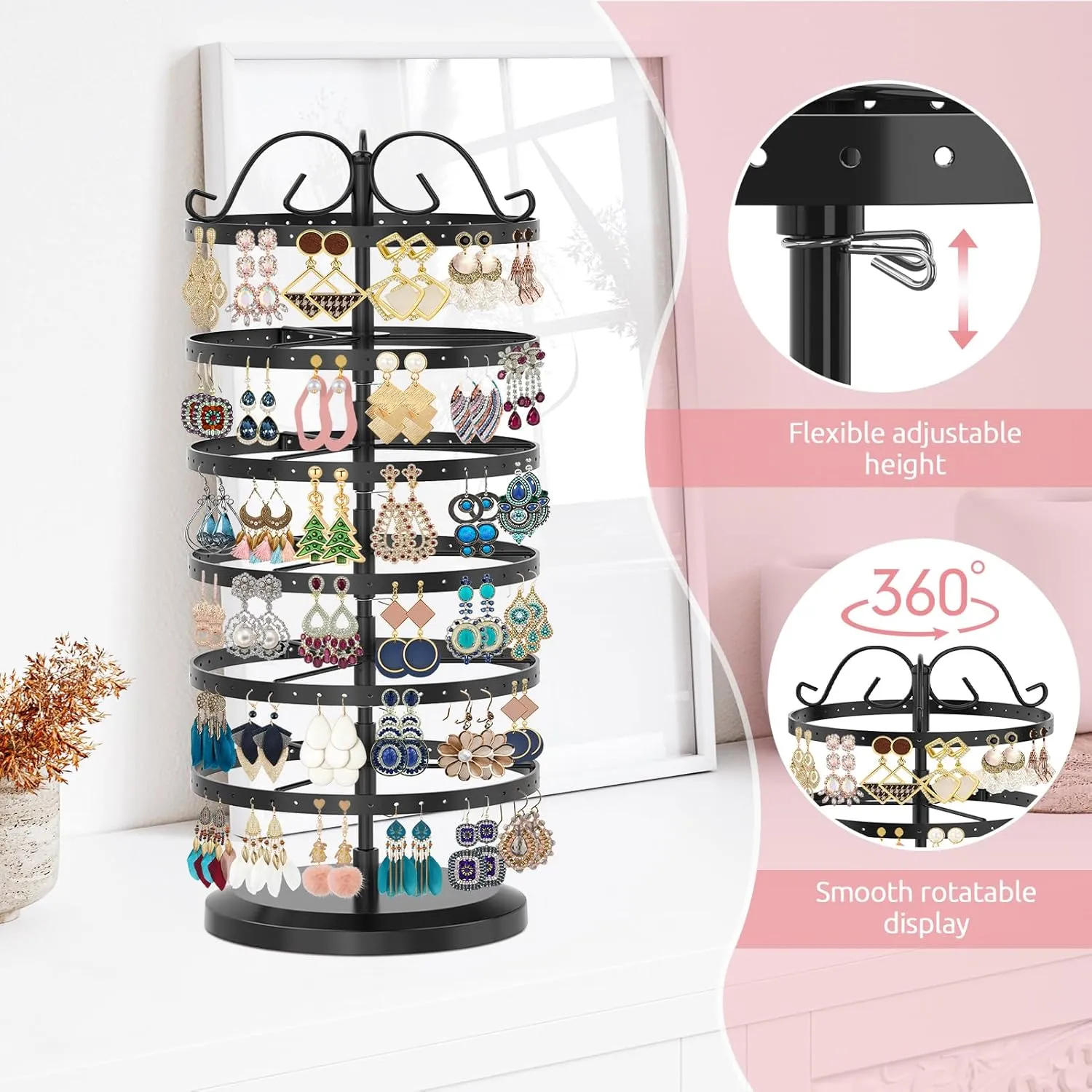 MODOWEY 6 Tier Rotating Metal Earring Holder Organizer Stand Adjustable Display Tree for Women, 264 Holes Large Storage Rack for Stud Post Dangling Hoop, Keep Earrings Neatly Arranged(Black)