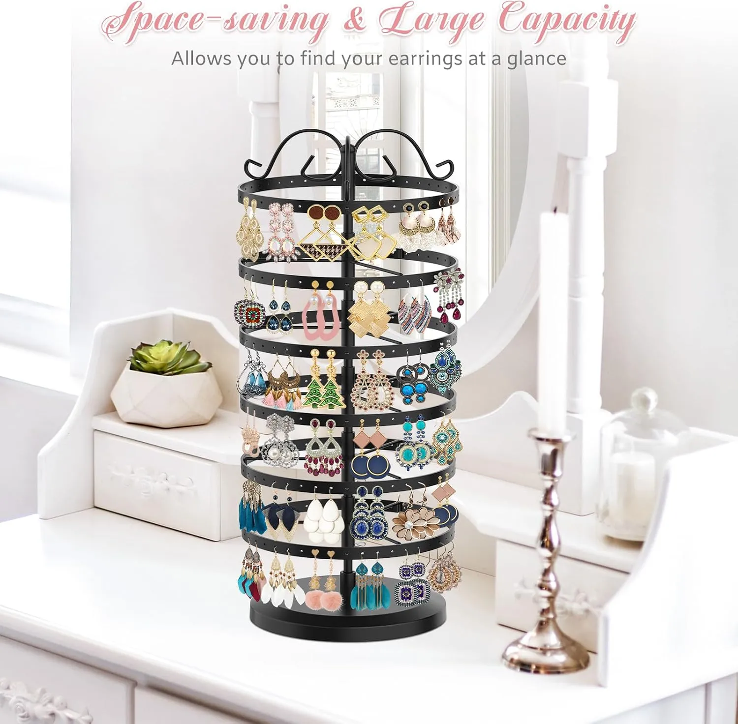 MODOWEY 6 Tier Rotating Metal Earring Holder Organizer Stand Adjustable Display Tree for Women, 264 Holes Large Storage Rack for Stud Post Dangling Hoop, Keep Earrings Neatly Arranged(Black)