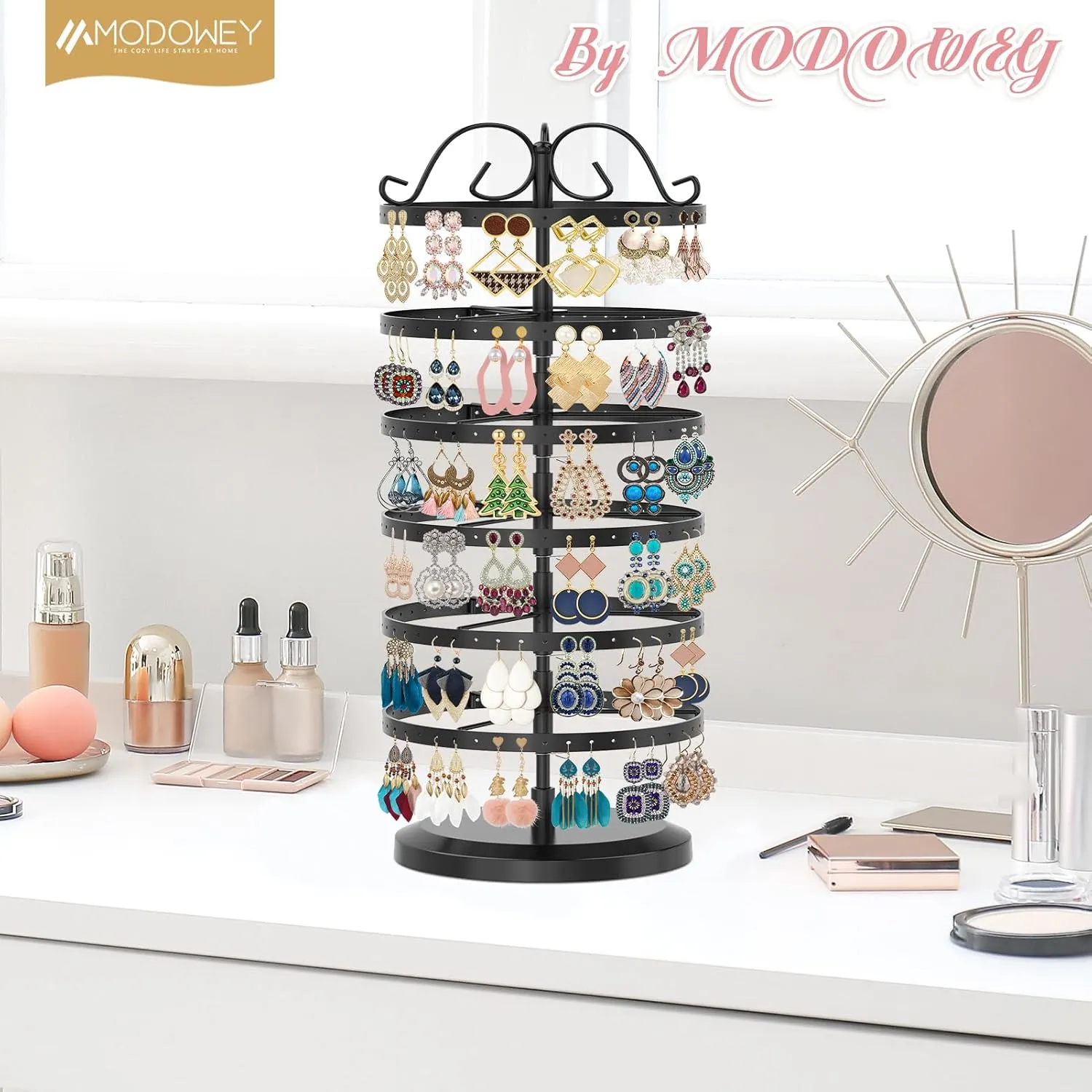 MODOWEY 6 Tier Rotating Metal Earring Holder Organizer Stand Adjustable Display Tree for Women, 264 Holes Large Storage Rack for Stud Post Dangling Hoop, Keep Earrings Neatly Arranged(Black)