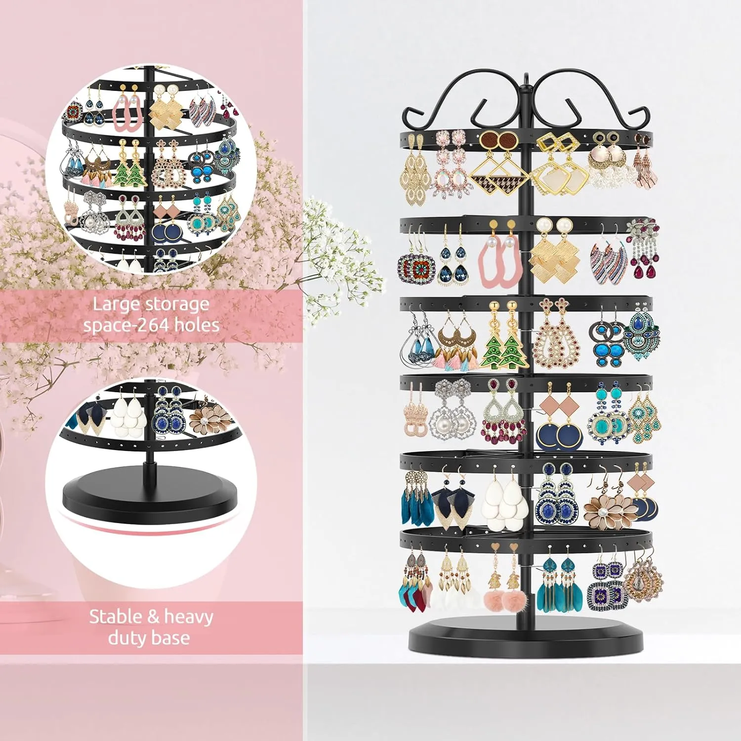 MODOWEY 6 Tier Rotating Metal Earring Holder Organizer Stand Adjustable Display Tree for Women, 264 Holes Large Storage Rack for Stud Post Dangling Hoop, Keep Earrings Neatly Arranged(Black)