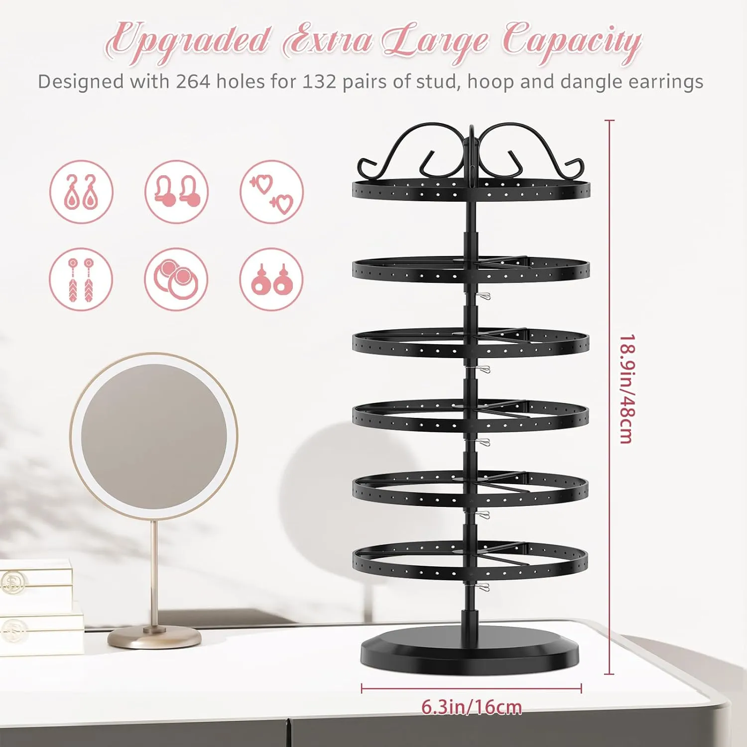 MODOWEY 6 Tier Rotating Metal Earring Holder Organizer Stand Adjustable Display Tree for Women, 264 Holes Large Storage Rack for Stud Post Dangling Hoop, Keep Earrings Neatly Arranged(Black)