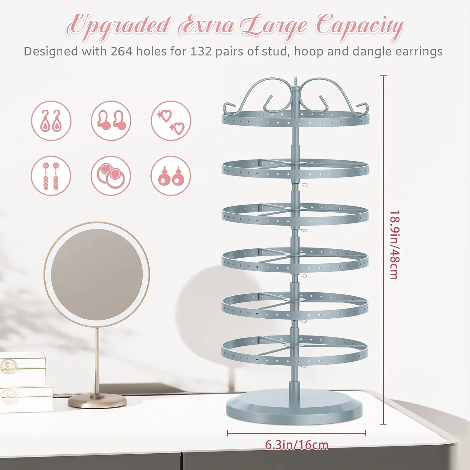 MODOWEY 6 Tier Rotating Metal Earring Holder Organizer Stand Adjustable Display Tree for Women, 264 Holes Large Storage Rack for Stud Post Dangling Hoop, Keep Earrings Neatly Arranged(Grey)