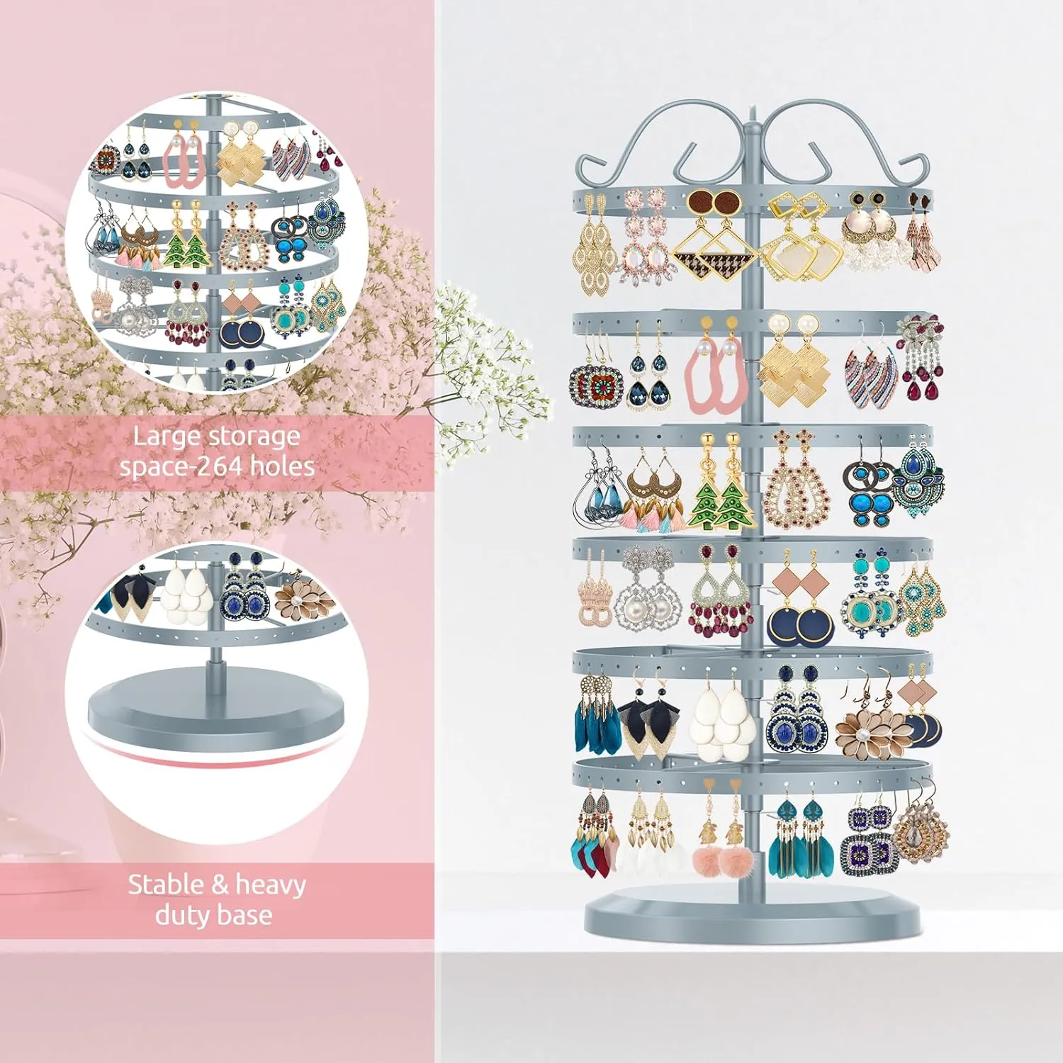 MODOWEY 6 Tier Rotating Metal Earring Holder Organizer Stand Adjustable Display Tree for Women, 264 Holes Large Storage Rack for Stud Post Dangling Hoop, Keep Earrings Neatly Arranged(Grey)
