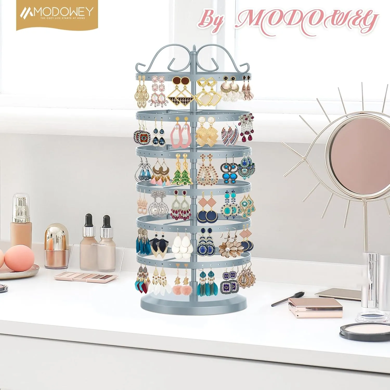 MODOWEY 6 Tier Rotating Metal Earring Holder Organizer Stand Adjustable Display Tree for Women, 264 Holes Large Storage Rack for Stud Post Dangling Hoop, Keep Earrings Neatly Arranged(Grey)