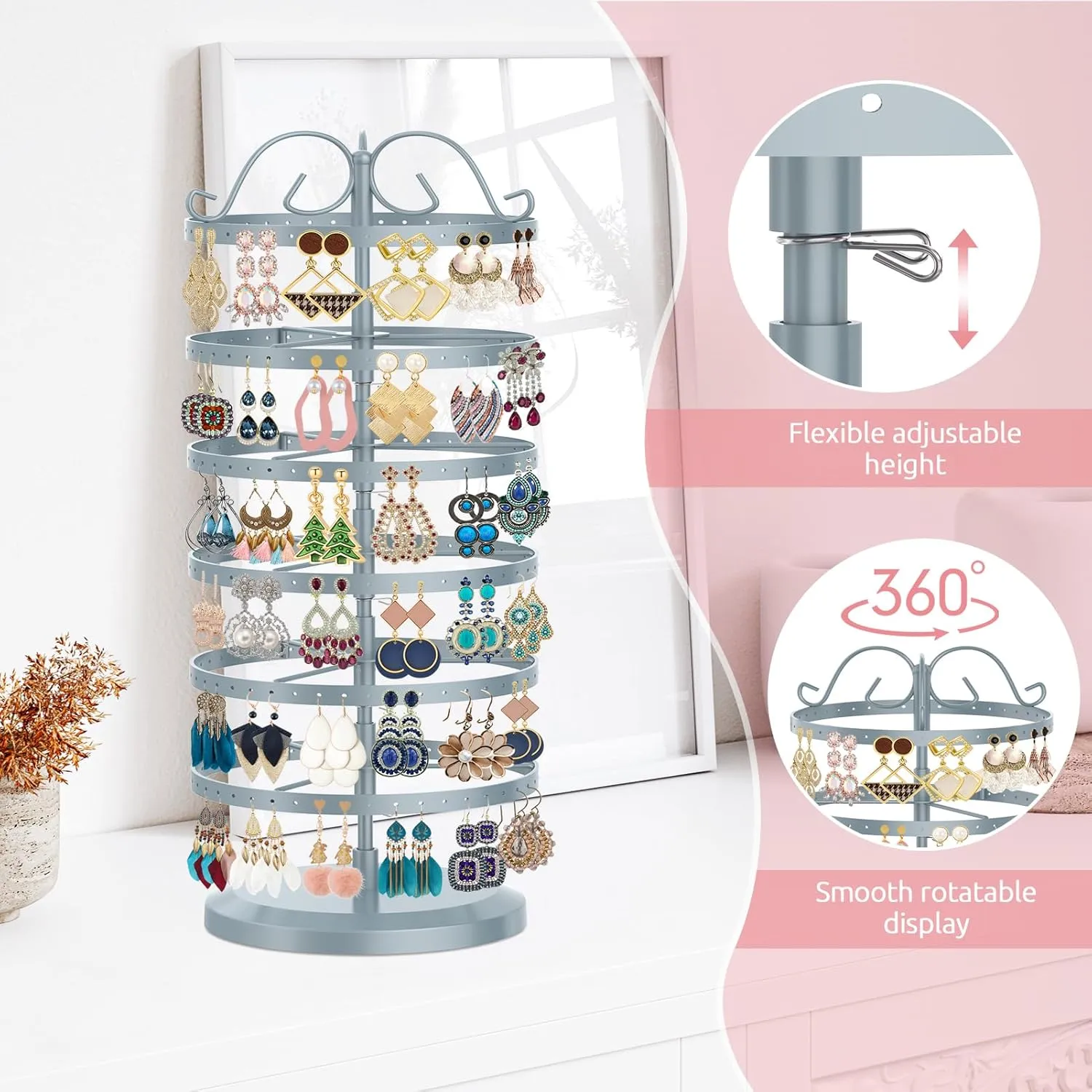 MODOWEY 6 Tier Rotating Metal Earring Holder Organizer Stand Adjustable Display Tree for Women, 264 Holes Large Storage Rack for Stud Post Dangling Hoop, Keep Earrings Neatly Arranged(Grey)