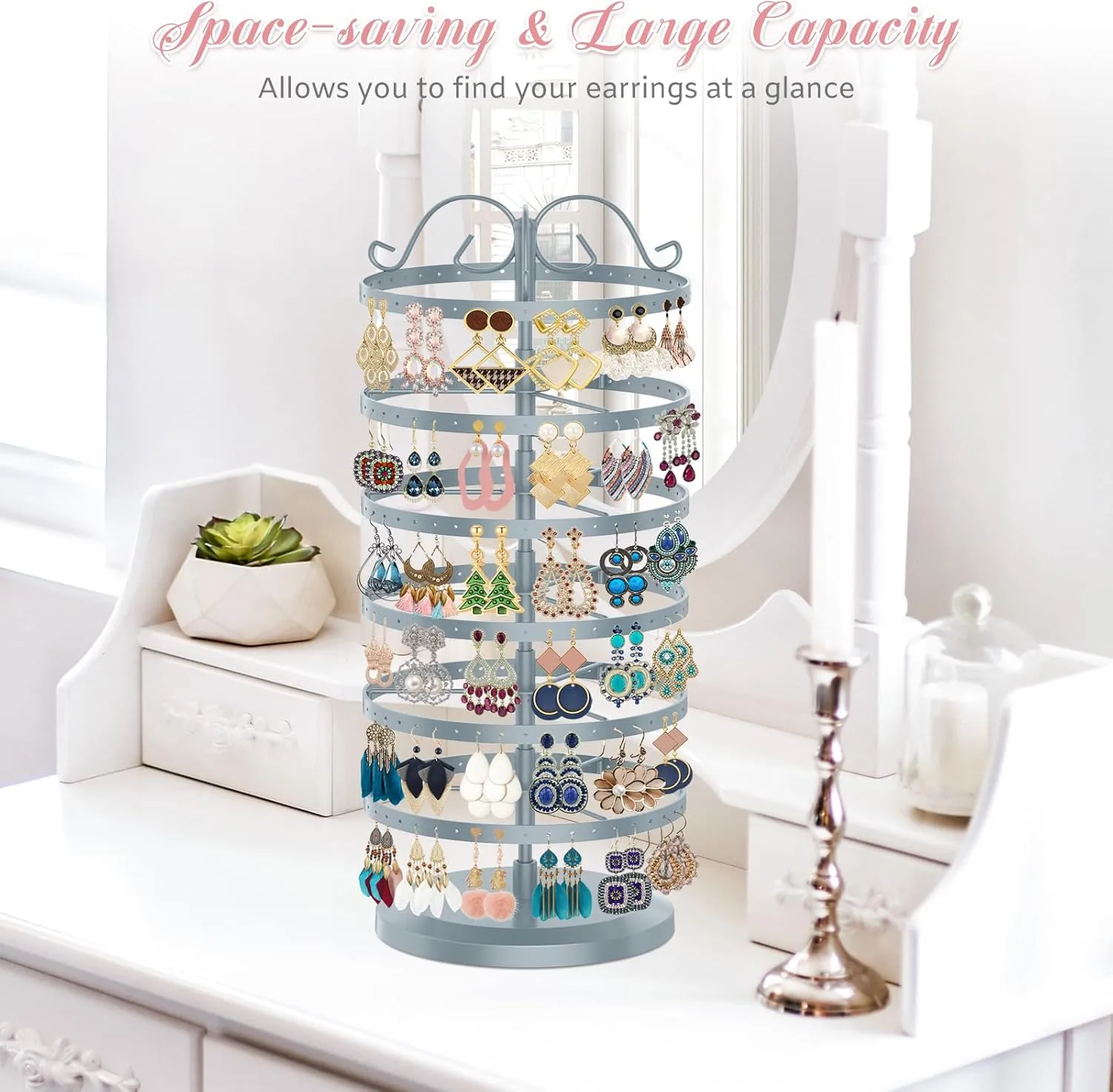 MODOWEY 6 Tier Rotating Metal Earring Holder Organizer Stand Adjustable Display Tree for Women, 264 Holes Large Storage Rack for Stud Post Dangling Hoop, Keep Earrings Neatly Arranged(Grey)