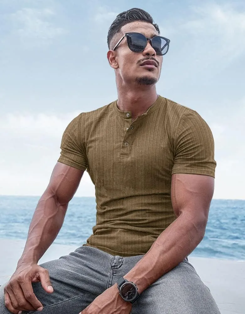 Muscle Cmdr Men's Ribbed Henley Shirt Slim Fit Muscle Shirt Fitted Cotton Short&Long Sleeve Casual T-Shirt