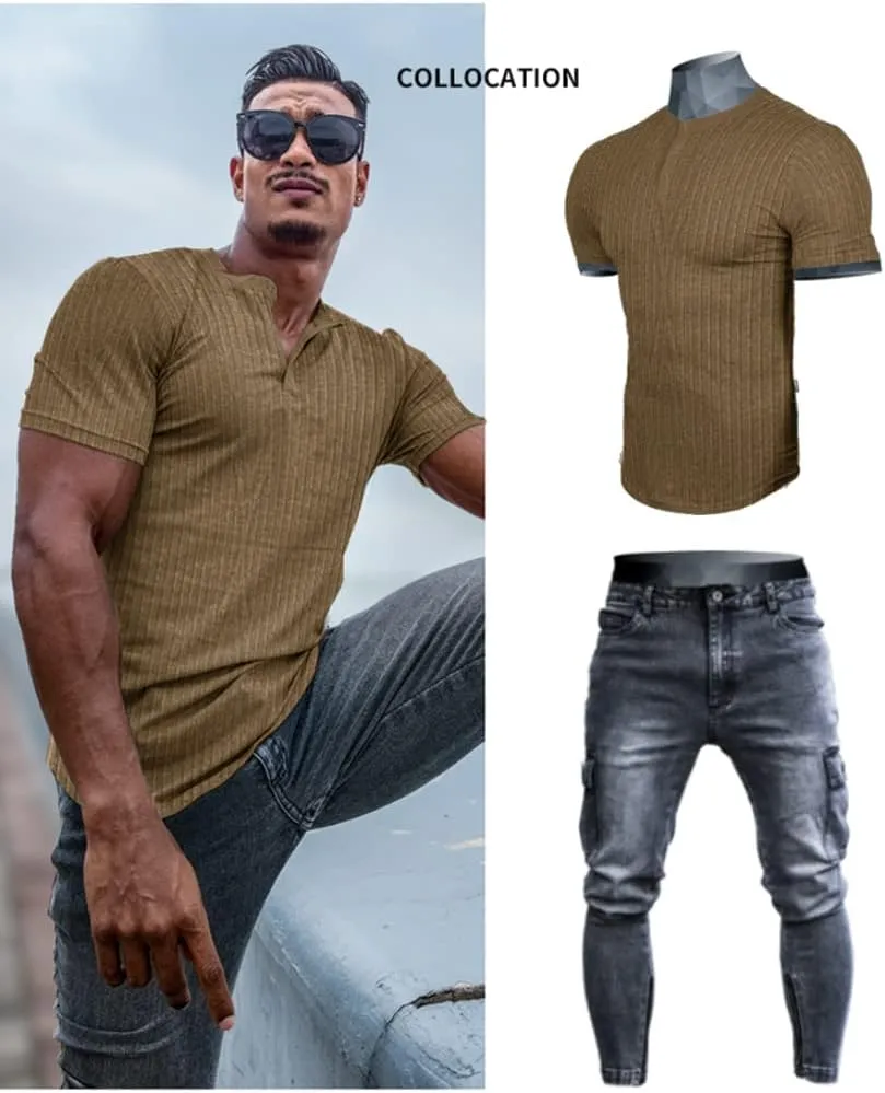 Muscle Cmdr Men's Ribbed Henley Shirt Slim Fit Muscle Shirt Fitted Cotton Short&Long Sleeve Casual T-Shirt