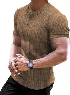 Muscle Cmdr Men's Ribbed Henley Shirt Slim Fit Muscle Shirt Fitted Cotton Short&Long Sleeve Casual T-Shirt
