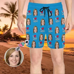Personalized I Love My Girlfriend Swim Trunks with Custom Face Men's Quick Dry Swim Shorts
