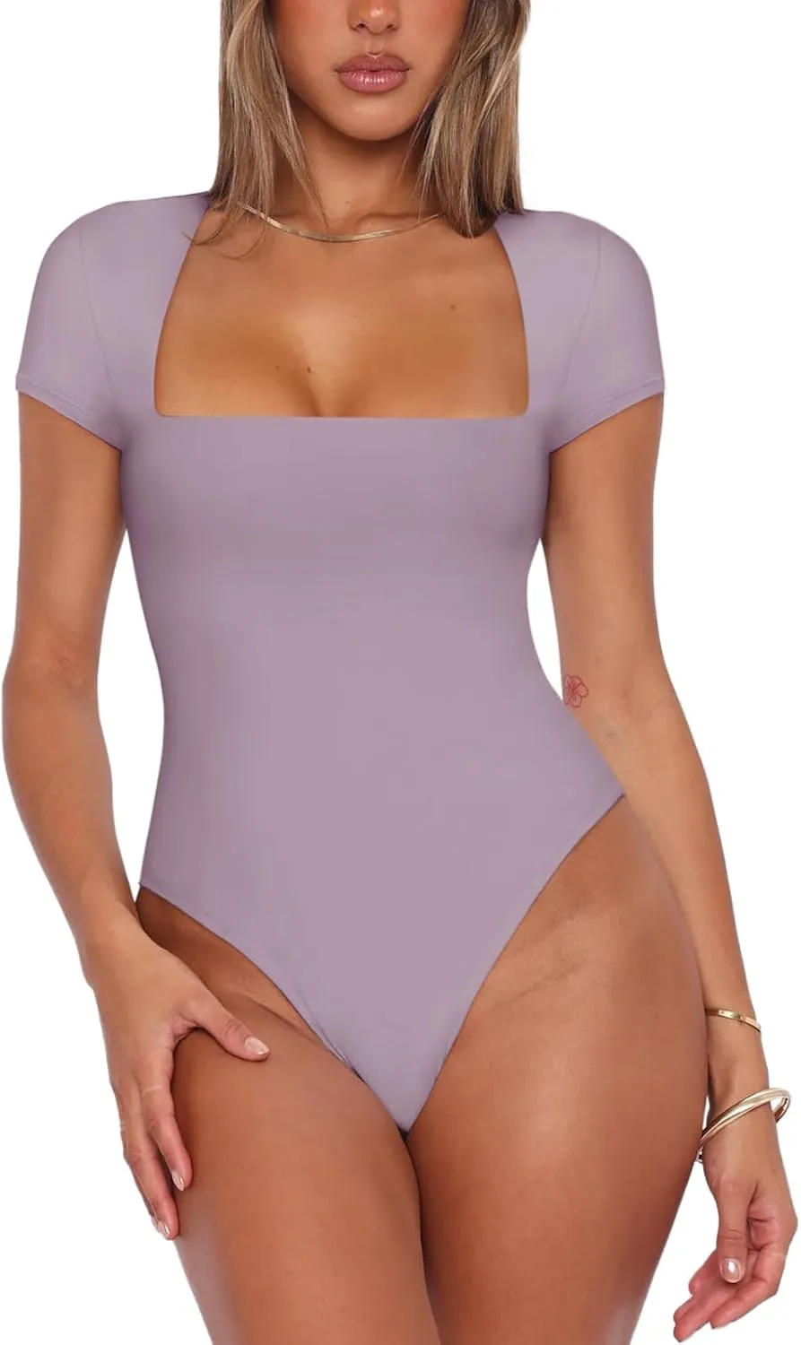 REORIA Womens Sexy Square Neck Double Lined Shirt Stretchy Basic Short Sleeve Going Out Thong Bodysuit Tops