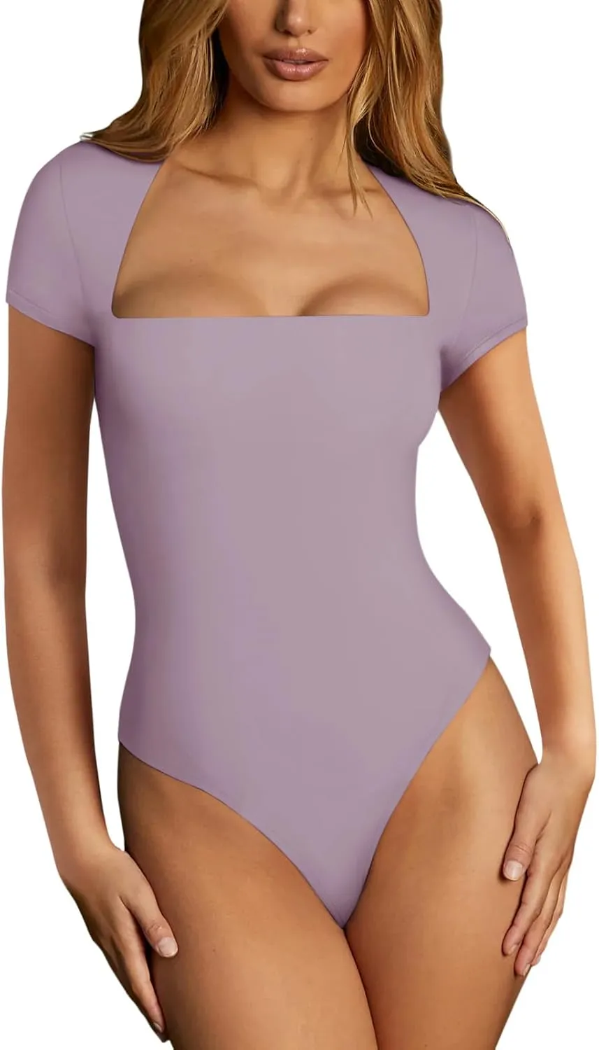 REORIA Womens Sexy Square Neck Double Lined Shirt Stretchy Basic Short Sleeve Going Out Thong Bodysuit Tops