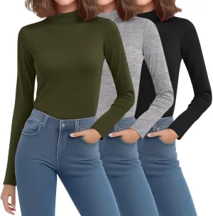 Riyiper 3 Pack Women's Mock Neck Tops, Long Sleeve Casual Shirts Slim Fitted Basic T Shirts Lightweight Base Layer Pullover