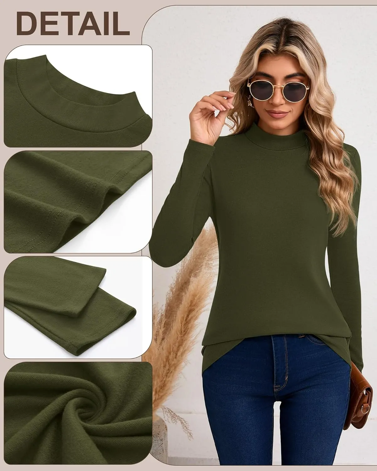 Riyiper 3 Pack Women's Mock Neck Tops, Long Sleeve Casual Shirts Slim Fitted Basic T Shirts Lightweight Base Layer Pullover